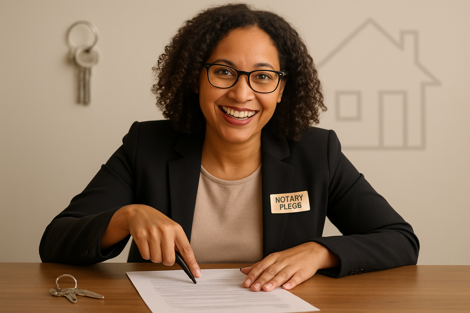 A professional warm photo of a notary public smiling while pointing to a document on a table with keys and a house outline subtly in the background